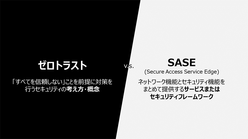 ゼロトラストは「すべてを信頼しない」ことを前提に対策を行うセキュリティの考え方・概念、SASEはネットワーク機器とセキュリティ機能をまとめて提供するサービスまたはセキュリティフレームワーク