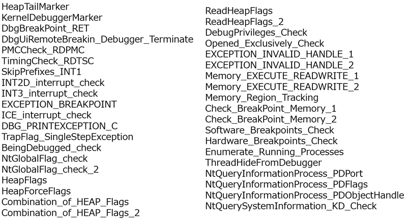 anti_debug.configのAnti_Debug_Techniqueセクションで定義されているルール名の一覧