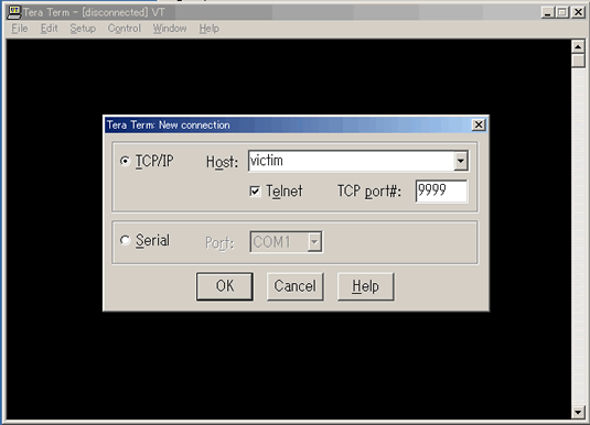 TeraTermを用いてツールで指定したバックドア用のTCPのポートへ接続