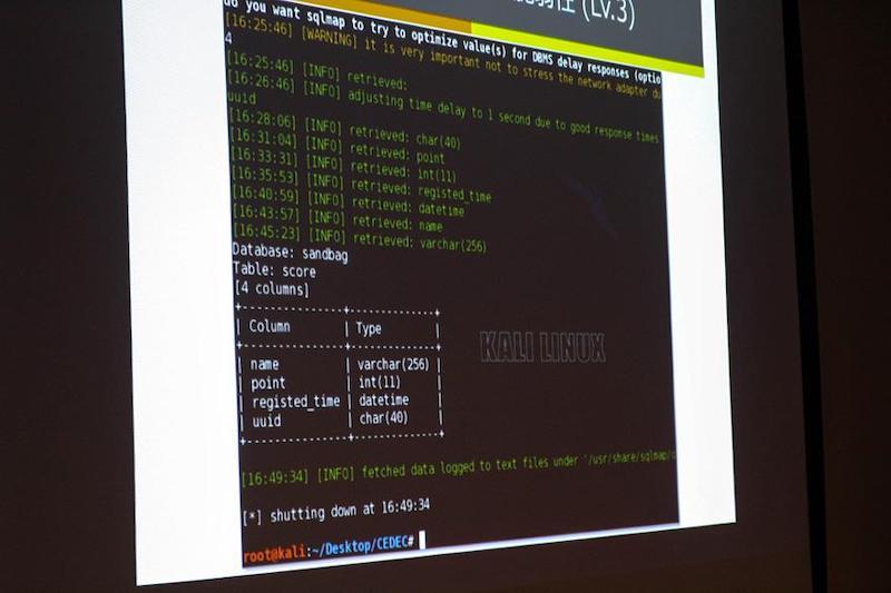 SQLインジェクションによってテーブルの情報が表示されているところ