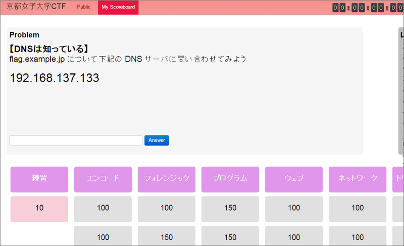 図1：CTFのスコアサーバ（DNSに関する問題を表示）