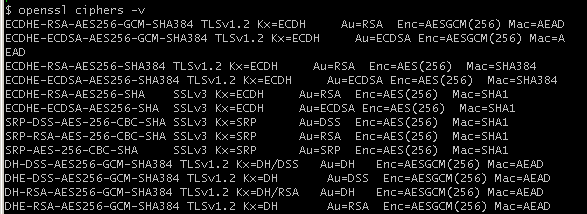 「openssl ciphers -v」実行例