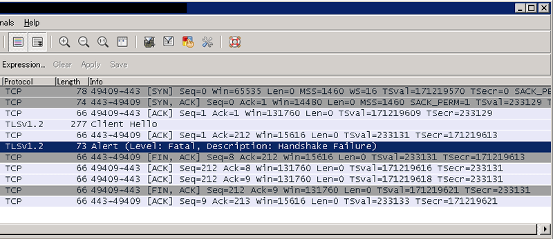 SSLハンドシェイクエラー発生時のWiresharkログ例