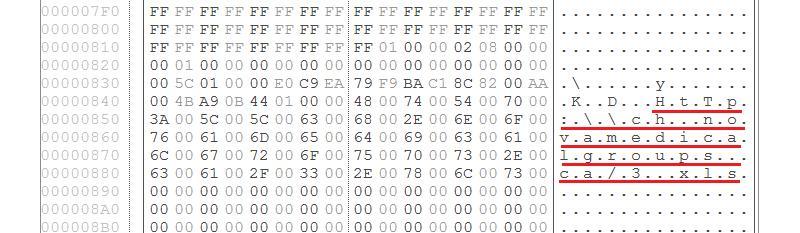 図3 OLEオブジェクト内の不審なURL（一部抜粋）