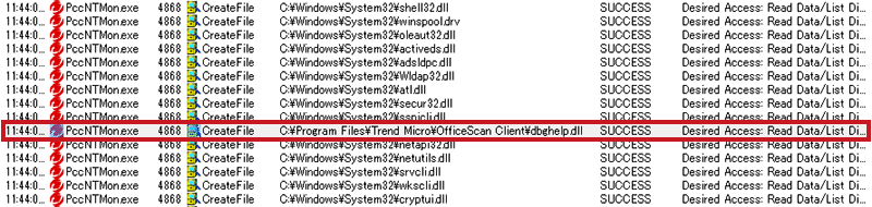 「PccNTMon.exe」による読み込まれたファイル抜粋（Process Monitor）