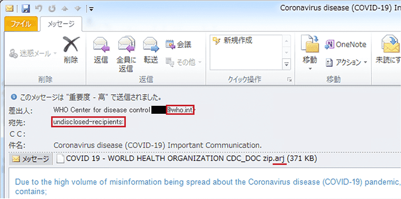 図4 不審なメール 注意するポイント「差出人」「宛先」「添付ファイル」の例