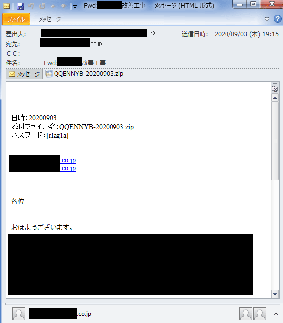 暗号化ZIPファイルが添付されたメールの例（2020年9月）