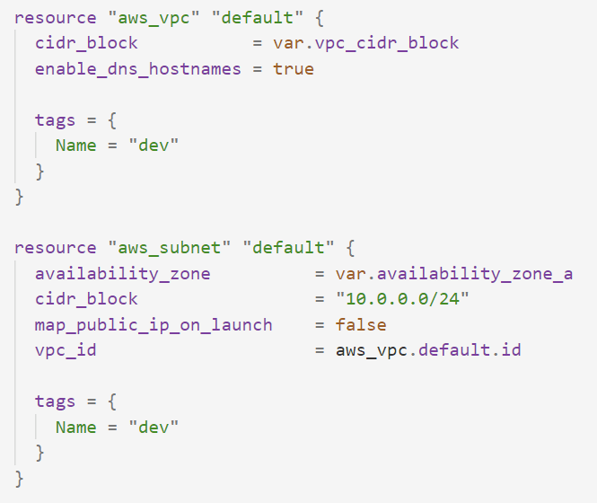 TerraformでAWSにVPC及びサブネットを作成する場合の手順例。リソースの依存関係を自動で解決してくれるので、作業順序をコードで定義する必要がない。