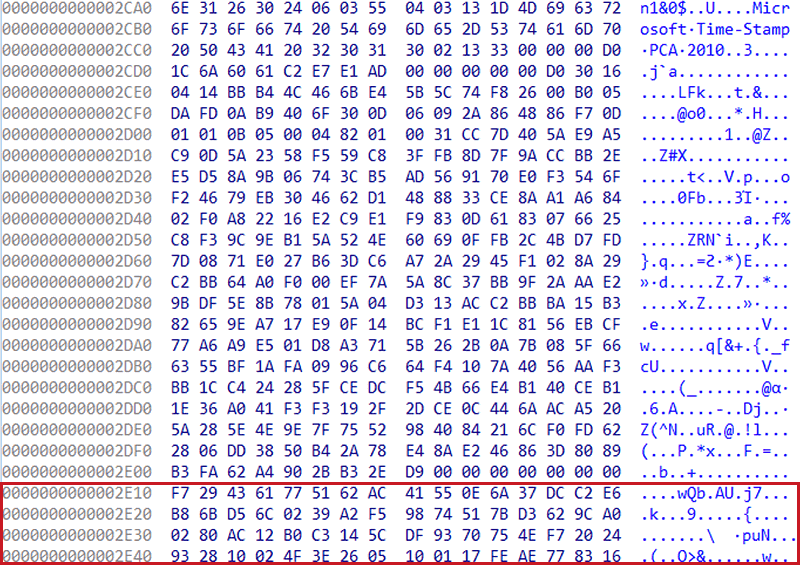 Microsoft社のデジタル署名ファイル（KBDTAM131.DLL）に含まれたペイロード（一部抜粋）