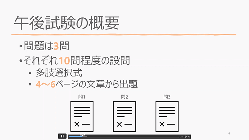 午後試験の概要 問題は3問 それぞれ10問程度の設問 多岐選択式 4〜6ページの文章から出題