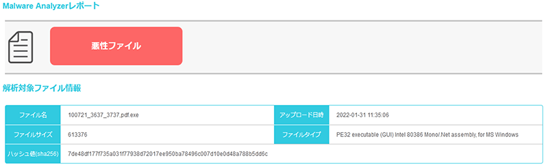 FalconNestで、Malware Analyzerにて調査を行い、悪性ファイルが検出された画面