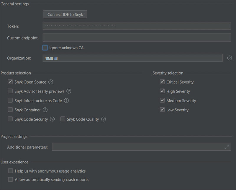 Snykの設定画面