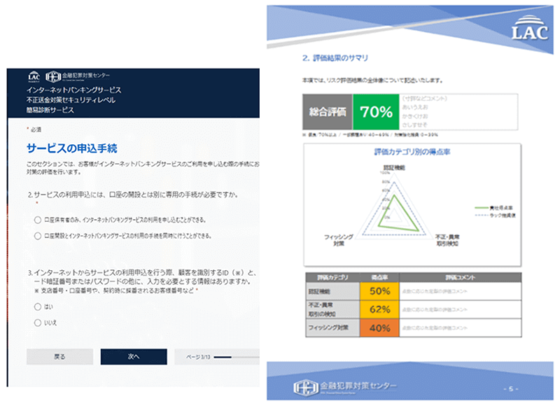 「インターネットバンキングサービス不正送金対策セキュリティレベル簡易診断サービス」の申し込み画面と評価レポート