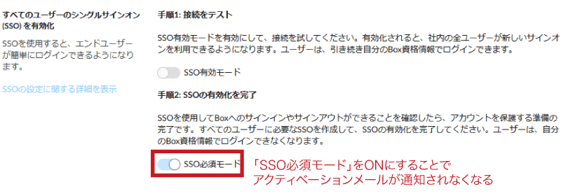 「SSO必須モード」をONにすることでアクティベーションメールが通知されなくなる