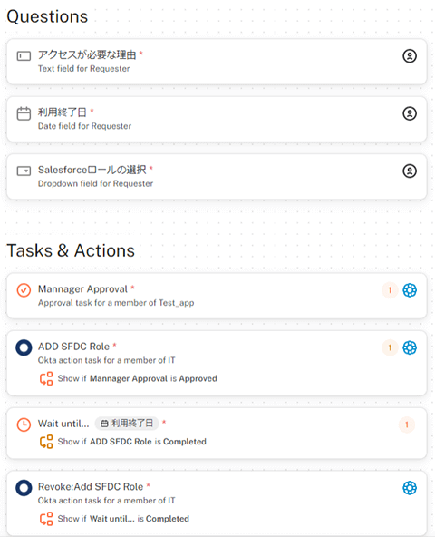 ワークフロー「Questions」「Tasks & Actions」の各項目を表示