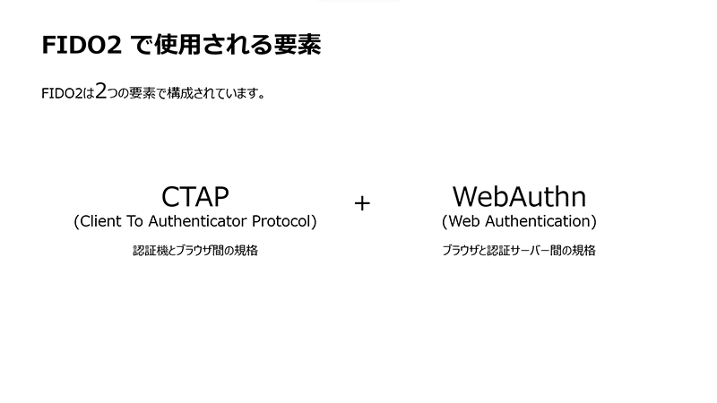 FIDO2は2つの要素で構成。CTAP（認証機とブラウザ間の規格）＋WebAuthn（ブラウザと認証サーバー間の規格）