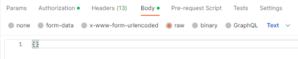 Bodyタブに移動し、rawを選択。空のJSON（{}）をBodyに入力