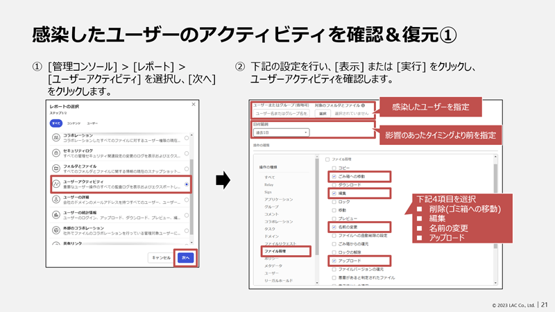 感染したユーザーのアクティビティを確認し復元する手順。①管理コンソール > レポート > ユーザーアクテビティを選択し、次へをクリックします。②下記の設定を行い、「表示」または「実行」をクリックし、ユーザーアクティビティを確認します。