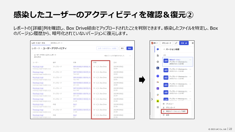 レポートの詳細列を確認し、Box Drive経由でアップロードされたことを判別できます。感染したファイルを特定し、Boxのバージョン履歴から、暗号化されていないバージョンに復元します。