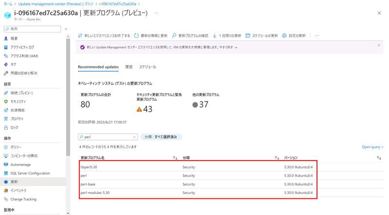 「i-096167ed7c25a630a(Ubuntu 20.04)」の詳細画面。「perl」で検索をすると4件の更新プログラムがヒットする