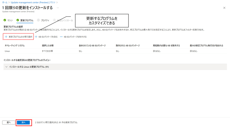 更新プログラムの選択画面。今回はデフォルトのまま、「次へ」をクリックする