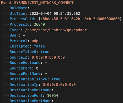 図24 gokcpdoor実行後のSysmon for Linuxのログ例（Network Connect）