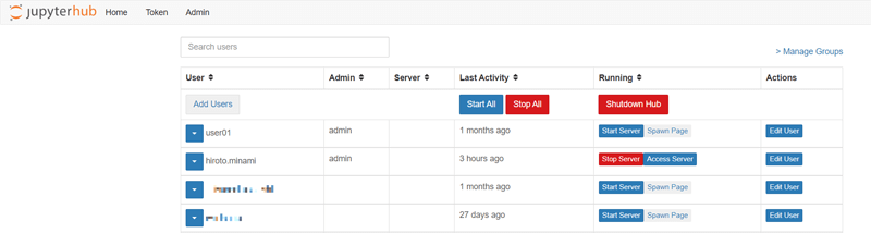 JupyterHubの管理者用画面