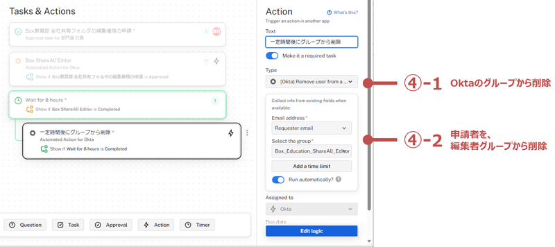 4-1 Oktaのグループから削除、4-2 申請者を編集グループから削除