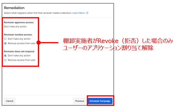 棚卸実施者がRevoke（拒否）した場合のみ、ユーザーのアプリケーション割り当て解除