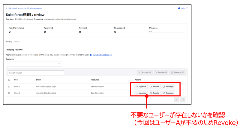 不要なユーザーが存在しないかを確認（今回はユーザーAが不要のためRevoke）