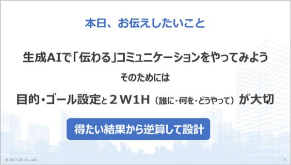 生成AIで「伝わる」コミュニケーションをやってみよう!そのためには目的・ゴール設定と2W1H(誰に、何を、どうやって)が大切