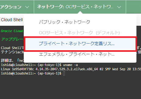 クラウドシェルの左上の「ネットワーク」メニューから「プライベート・ネットワーク定義リスト」を選択