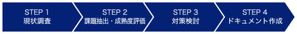 STEP1 現地調査、STEP2 課題抽出・成熟度評価、STEP3 対策検討、STEP4 ドキュメント作成