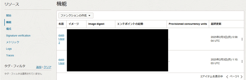 機能（ファンクション）の一覧の画面。「イメージ」や「Image digest」の項目が再利用元の「event-test」と同じものになっているのを確認する。