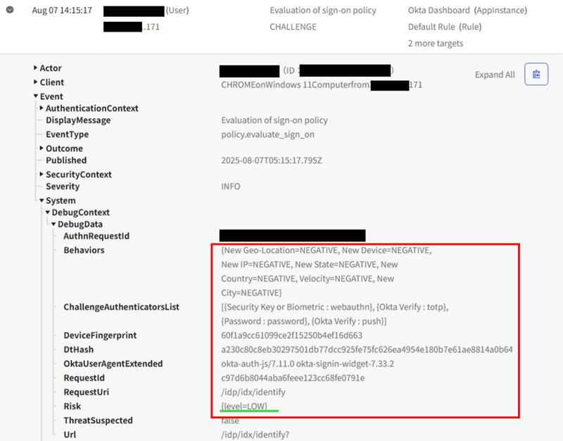 Okta Workforce Identityへのログインを試みたユーザが、どのセキュリティポリシーに該当するかを判定したイベントのログ