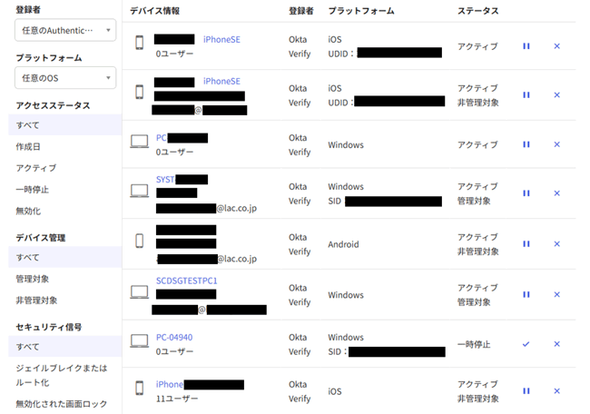 デバイス情報やステータスが確認できるOktaの管理画面