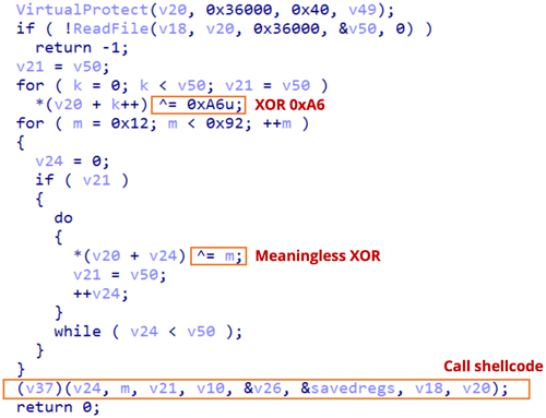 MetaRATローダによる暗号化ペイロードのXORとシェルコードの呼び出し