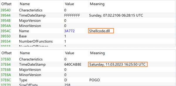 DLLのファイル名とデバッグに関するタイムスタンプ（上：Export Directory Table／下：Debug Directory）