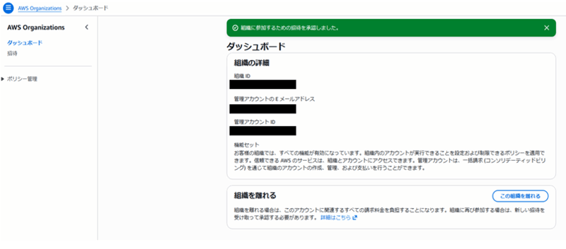 招待を承認後の表示。移行先の組織に所属していることが確認できる。