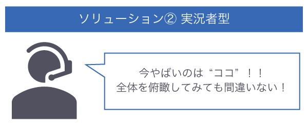 ソリューション②実況者型『今やばいのは「ココ」！！全体を俯瞰してみても間違いない！』