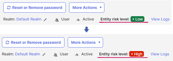 対象ユーザーのEntity risk levelを「Low（低）」から「High（高）」に変更