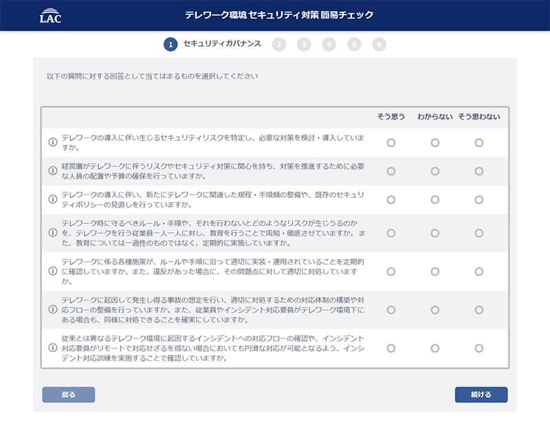 テレワーク環境セキュリティ対策簡易チェック　アセスメントのページ画面