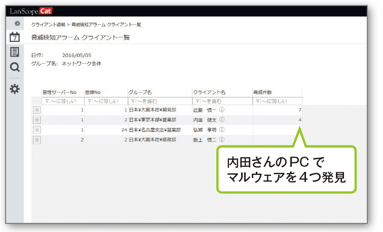 発見されたマルウェア詳細の確認画面