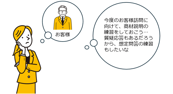 活用場面の例。今後のお客様訪問に向けて商材説明の練習をする。質疑応答にむけて想定問答の練習をしたい、など。